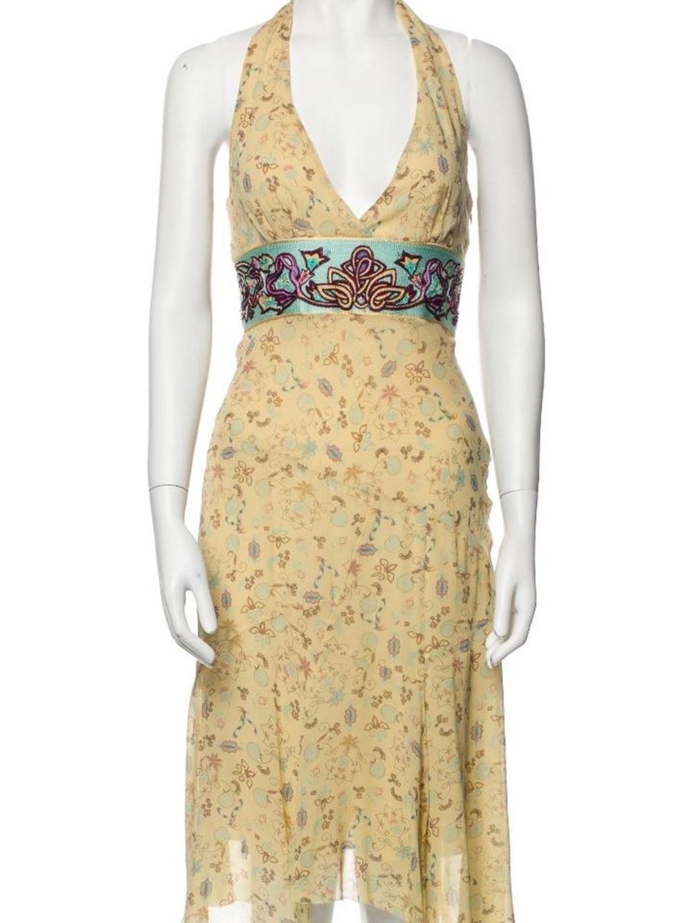 Nicole Miller Halter Floral Midi Dress w Embellished Waistband. Handkerchief hem